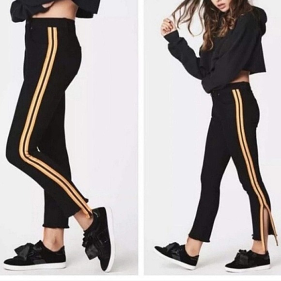 Carmar Mia Black Jeans‎ Yellow Racer Stripe Zipper Hem Skinny Mid Rise Size 24 - Picture 1 of 12